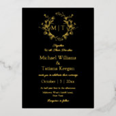 moderne, schwarz-goldene, botanische Monogramm-Hoc Folieneinladung (Vorderseite)