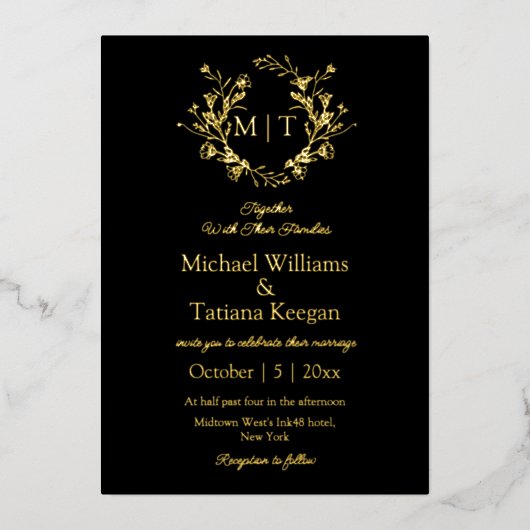 moderne, schwarz-goldene, botanische Monogramm-Hoc Folieneinladung (Vorderseite)