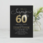 Moderne schwarz-goldene Erwachsene Überraschung 60 Einladung (Stehend Vorderseite)