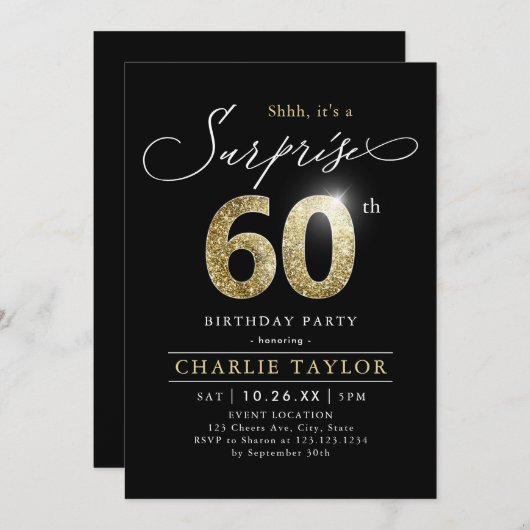 Moderne schwarz-goldene Erwachsene Überraschung 60 Einladung (Vorne/Hinten)