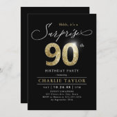 Moderne schwarz-goldene Erwachsene Überraschung 90 Einladung (Vorne/Hinten)