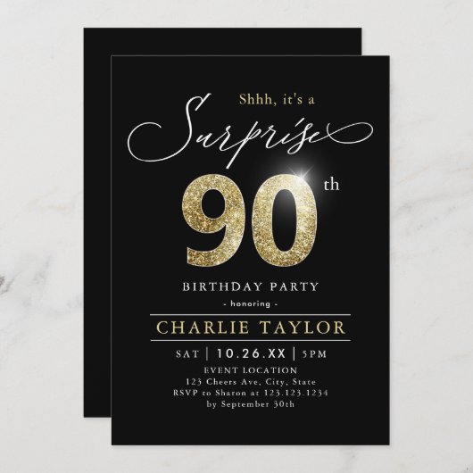 Moderne schwarz-goldene Erwachsene Überraschung 90 Einladung (Vorne/Hinten)