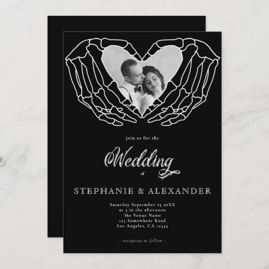 Moderne Schwarz-Gotik-Foto-Skeletthandschuhe Einladung (Vorne/Hinten)