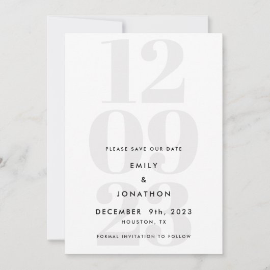 Moderne Schwarz-Grau-Datums-Typografie Save The Date (Vorderseite)