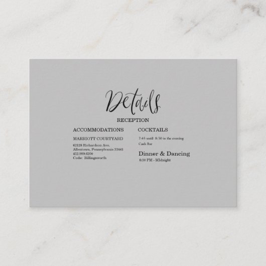 Moderne Schwarz-Grau-Hochzeitdetails Begleitkarte (Vorderseite)
