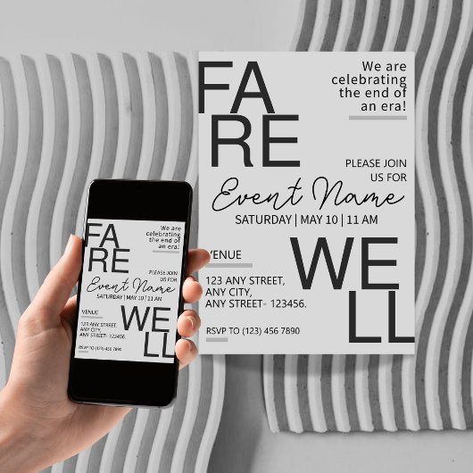 Moderne Schwarz-Grau-Neutral-Abschiedseinladung Save The Date