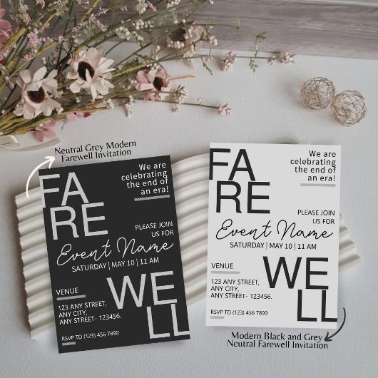 Moderne Schwarz-Grau-Neutral-Abschiedseinladung Save The Date