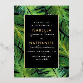 Moderne Schwarz-Grün-Tropen-Blätter Hochzeiten Folie Einladungspostkarte