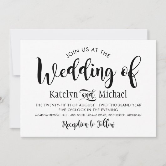 Moderne Schwarz-Handschrift-Hochzeit Einladung (Vorderseite)