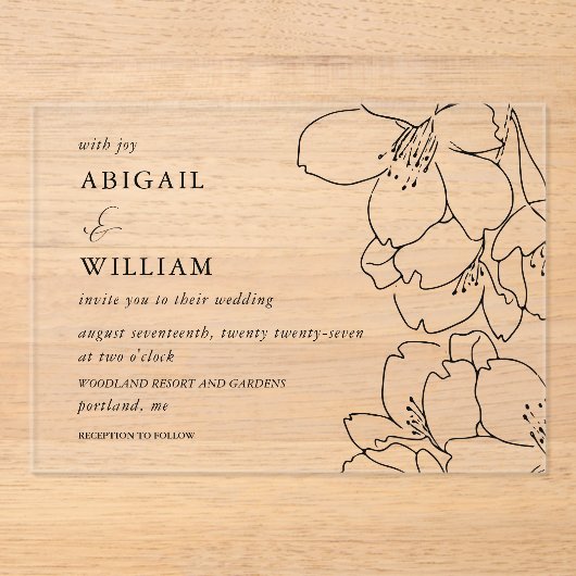 Moderne Schwarz-Illustriert-Blütenhochzeit Acryleinladungen (Vorderseite)