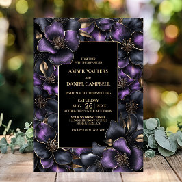 Moderne Schwarz-Lila-Graublütenhochzeit Einladung