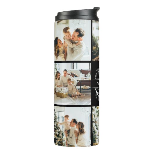 Moderne Schwarz Mit Monogramm & Fotocollage Thermosbecher (Nach links gedreht)