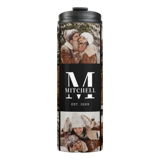 Moderne Schwarz Mit Monogramm & Fotocollage Thermosbecher (Vorderseite)