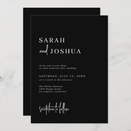 Moderne Schwarz-Monochrome-Minimalistische Script- Einladung (Vorne/Hinten)