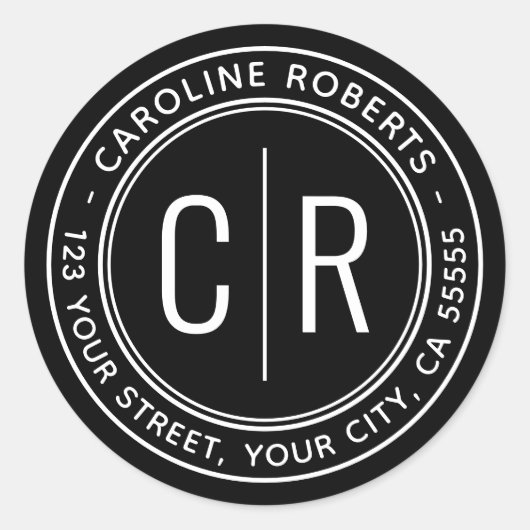Moderne Schwarz-Monogramm-Initial-Rücksendeadresse Runder Aufkleber (Vorderseite)