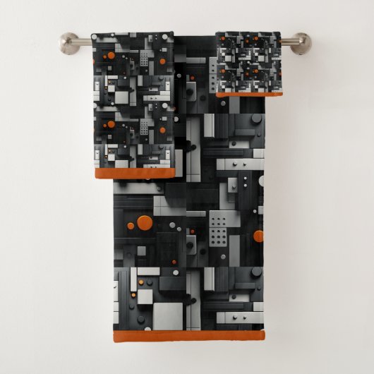 Moderne Schwarz Orange Gray Geometric Badhandtuch Set (Insitu)