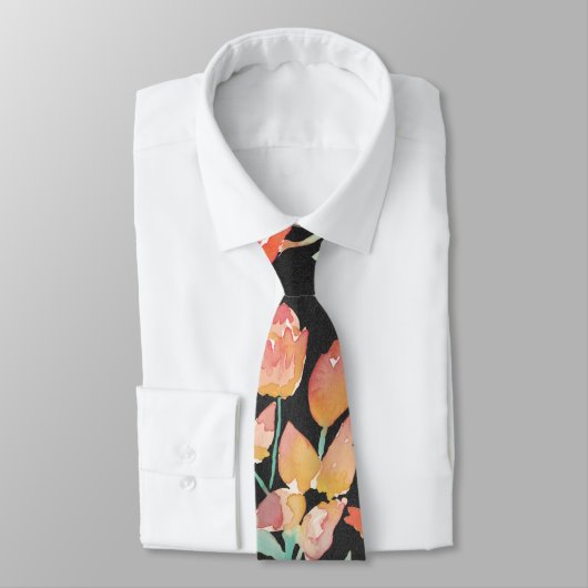 Moderne Schwarz-Orange-Rote Tulissen Blumen Krawatte (Gebunden)