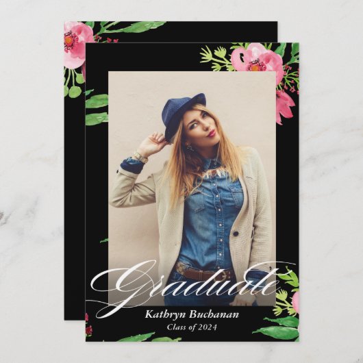 Moderne Schwarz-Rosa-Foto-Graduierungspartei Einladung (Vorne/Hinten)
