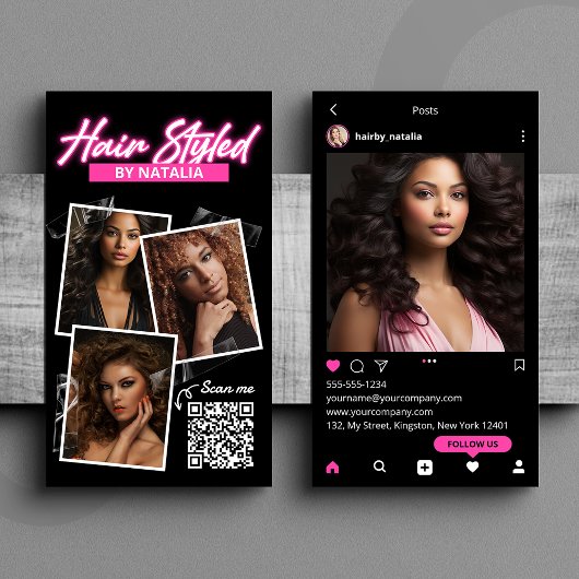 Moderne Schwarz-Rosa-Haar-Stift Instagramm Post Visitenkarte