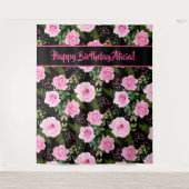 Moderne Schwarz-Rosa Rosen Happy Birthday Tapestor Wandteppich (Vorderseite)