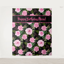 Moderne Schwarz-Rosa Rosen Happy Birthday Tapestor Wandteppich