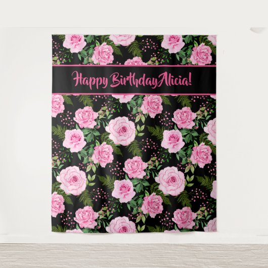 Moderne Schwarz-Rosa Rosen Happy Birthday Tapestor Wandteppich (Vorderseite)