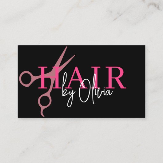 Moderne Schwarz-Rosa-Schere QR-Code Haarstylistin Visitenkarte (Vorderseite)