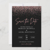 Moderne Schwarz-Rose-Gold-Glitzer-Hochzeit Save The Date (Vorderseite)