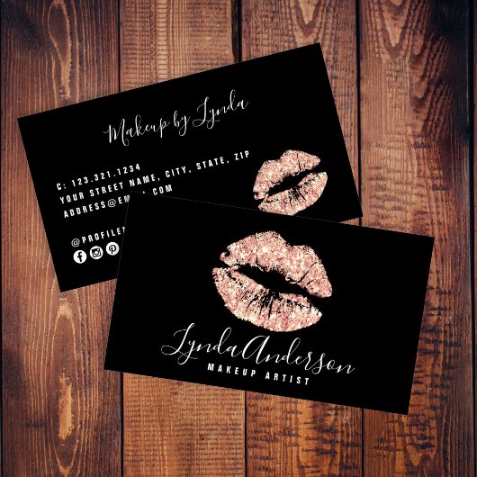 Moderne Schwarz-Rose-Gold-Glitzer-Makeup-Künstler Visitenkarte