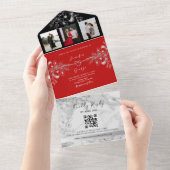 Moderne Schwarz-Rot-QR-Hochzeit All In One Einladung (Abreißen)