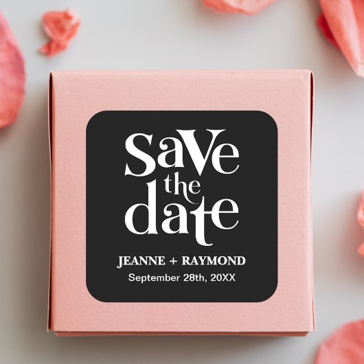 Moderne Schwarz-Save the Date-Hochzeitsankündigung Quadratischer Aufkleber