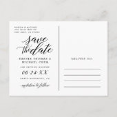 Moderne Schwarz-Script-FotoCollage Save the Date Ankündigungspostkarte (Rückseite)
