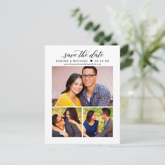 Moderne Schwarz-Script-FotoCollage Save the Date Ankündigungspostkarte (Stehend Vorderseite)
