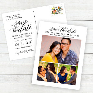 Moderne Schwarz-Script-FotoCollage Save the Date Ankündigungspostkarte