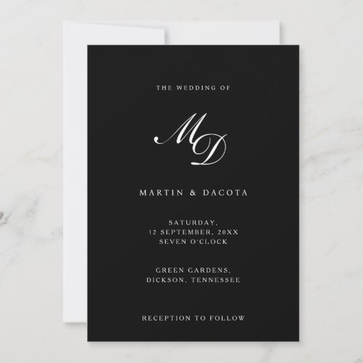 Moderne Schwarz-Script-Initials-Monogram-Hochzeit Einladung (Vorderseite)