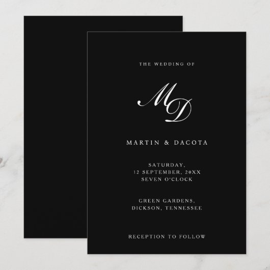 Moderne Schwarz-Script-Initials-Monogram-Hochzeit Einladung (Vorne/Hinten)