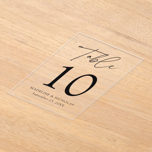 Moderne Schwarz-Script-Tischnummer Acryleinladungen (Ablage )