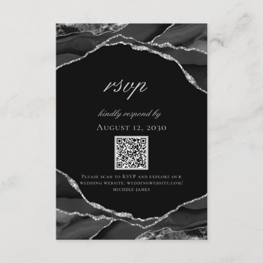 Moderne Schwarz-Silber-Foil-Agate-Hochzeit RSVP Karte (Vorderseite)