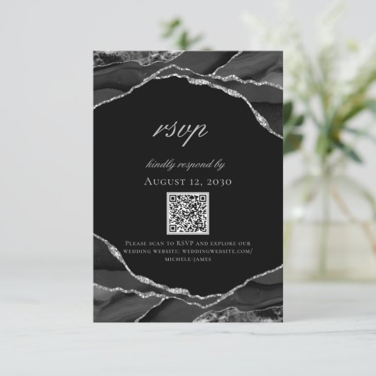 Moderne Schwarz-Silber-Foil-Agate-Hochzeit RSVP Karte (Stehend Vorderseite)