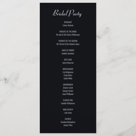 Moderne Schwarz-Silber-Hochzeit Programm (Rückseite)