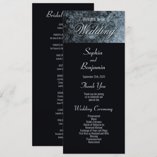 Moderne Schwarz-Silber-Hochzeit Programm (Vorne/Hinten)