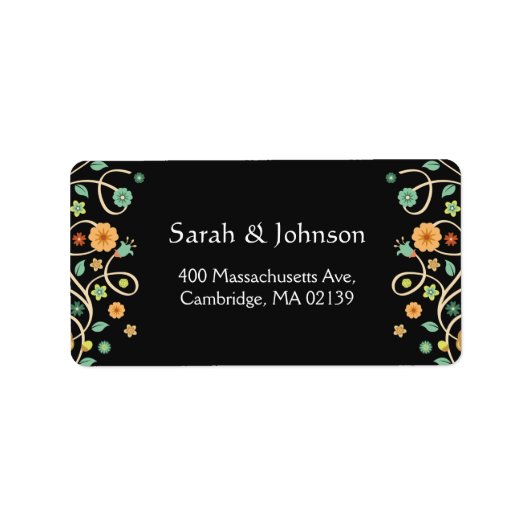 Moderne Schwarz Stilvolle Natur Swirl Blumen Adressaufkleber (Vorne)