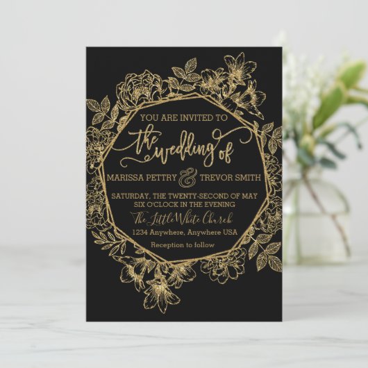 Moderne Schwarz- u. Goldfolie Blumenhochzeit Einladung (Stehend Vorderseite)