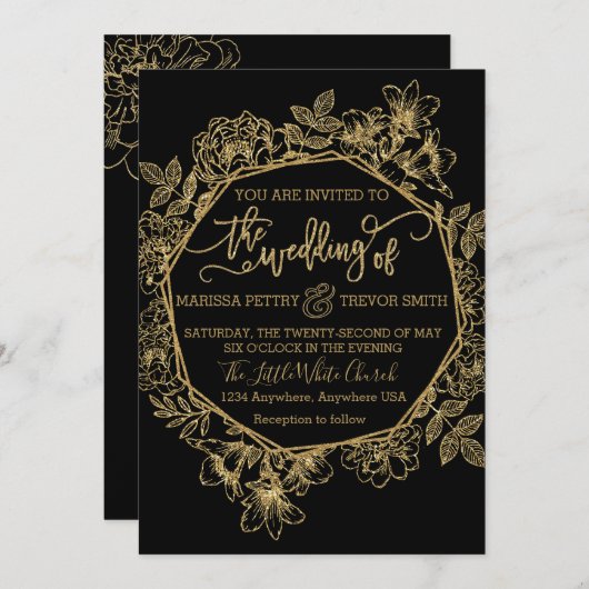 Moderne Schwarz- u. Goldfolie Blumenhochzeit Einladung (Vorne/Hinten)