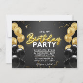Moderne Schwarz und Gold, Balloons Kindergeburtsta (Vorderseite)