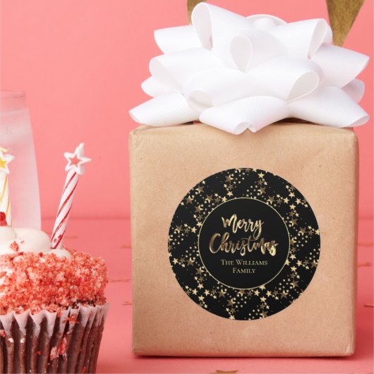 Moderne Schwarz und Gold Look Sterne Muster Weihna Runder Aufkleber (Party)