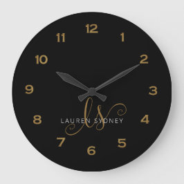 Moderne Schwarz- und Goldskripte Mit Monogramm Große Wanduhr