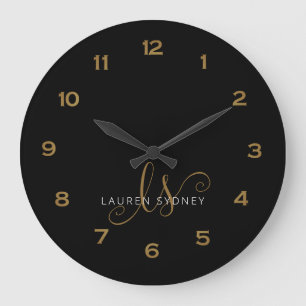 Moderne Schwarz- und Goldskripte Mit Monogramm Große Wanduhr