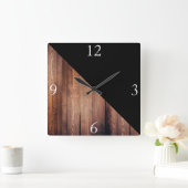 Moderne Schwarz- und Holzplanks Quadratische Wanduhr (Zuhause)