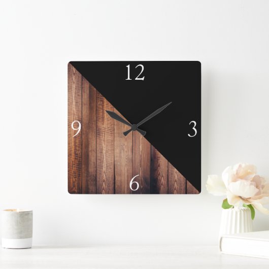Moderne Schwarz- und Holzplanks Quadratische Wanduhr (Zuhause)